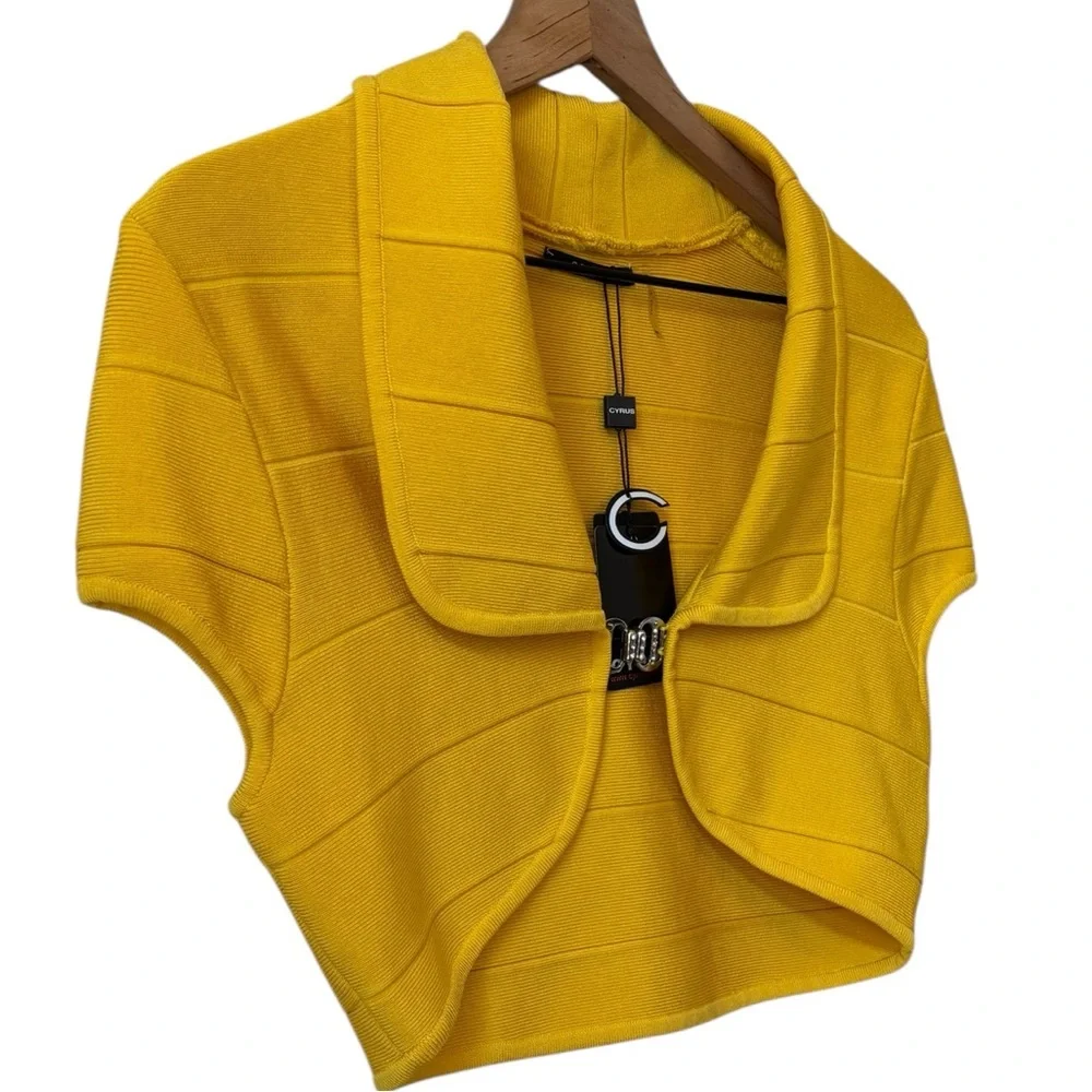 NEW Cyrus Knits Lemon Yellow Bolero Crop Sweater Md Stretch Silver Rhinestones - Picture 2 of 7